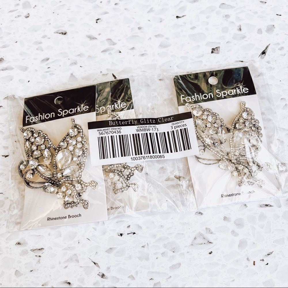 FASHION SPARKLE Women's Rhinestone Butterfly Brooch Set of 3 NWT
